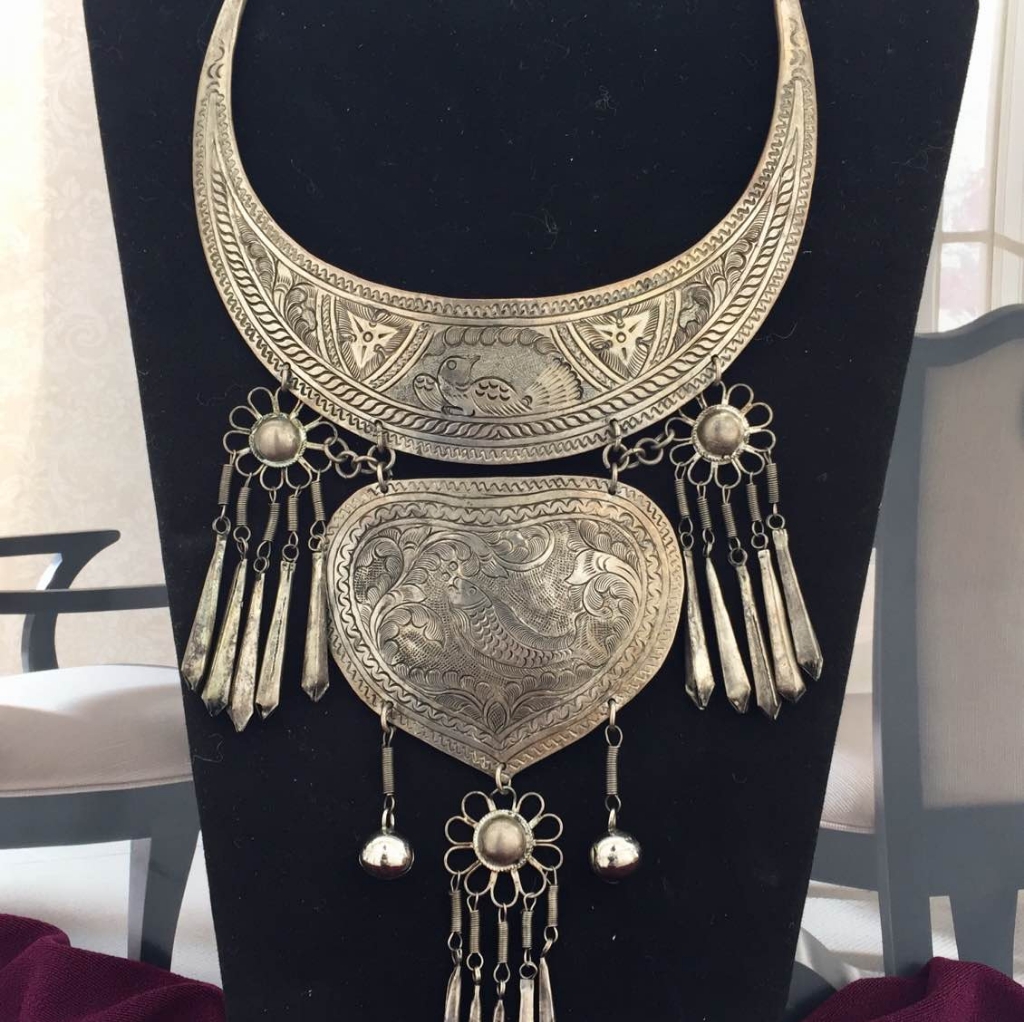 Vtg Hill Tribe Miao Fish Silver Tone Necklace Thailand Breastplate 890$